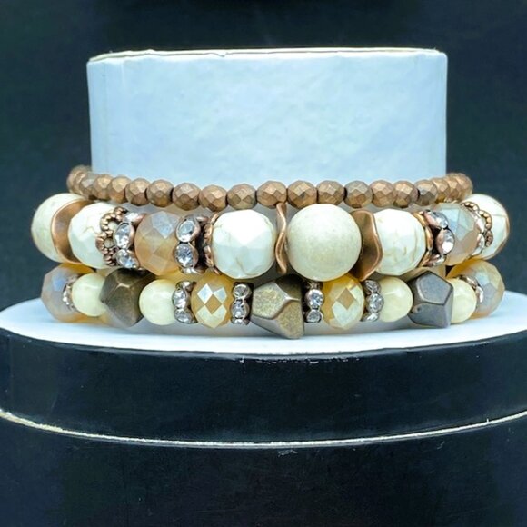 3pc Elegant Beaded Bracelet Set in Cream, Brown and Gold Tones - Picture 3 of 8